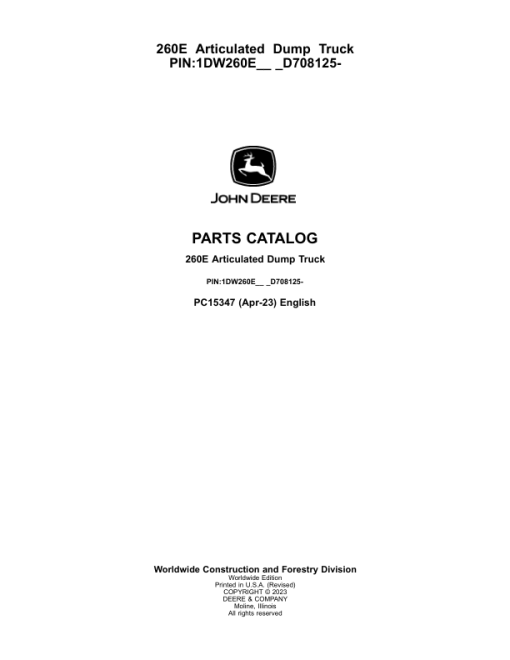 John Deere 260E Articulated Dump Trucks (SN 1DW260E_ D708125-) Parts Catalog Manual - PC15347