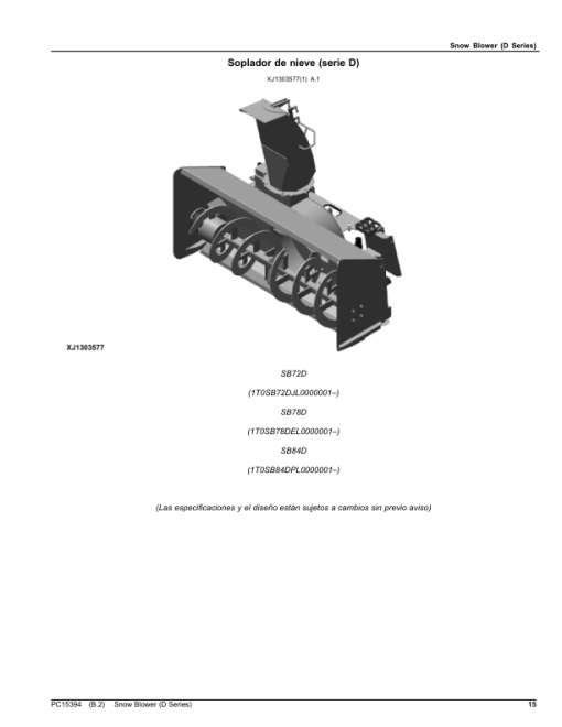 John Deere SB72D, SB78D, SB84D Snow Blowers (SN L0000001-) Parts Catalog Manual - PC15394 - Image 4