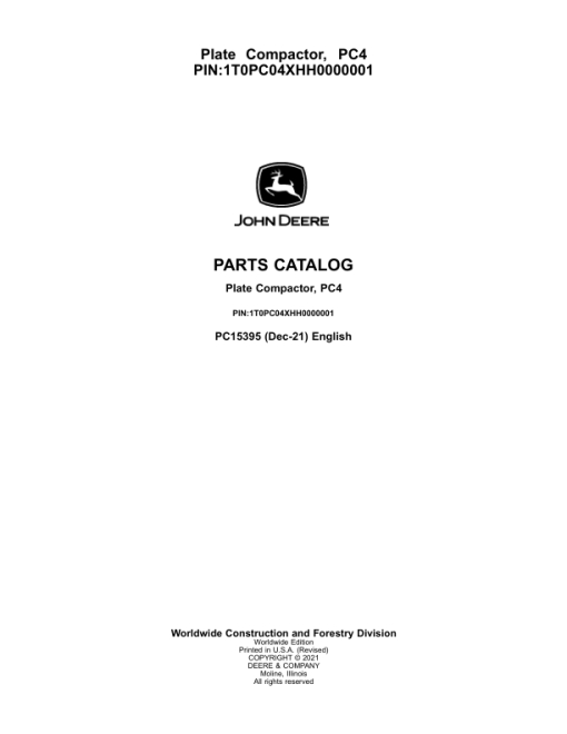 John Deere PC4 Plate Compactor (SN 1T0PC04X__0000001-) Parts Catalog Manual - PC15395