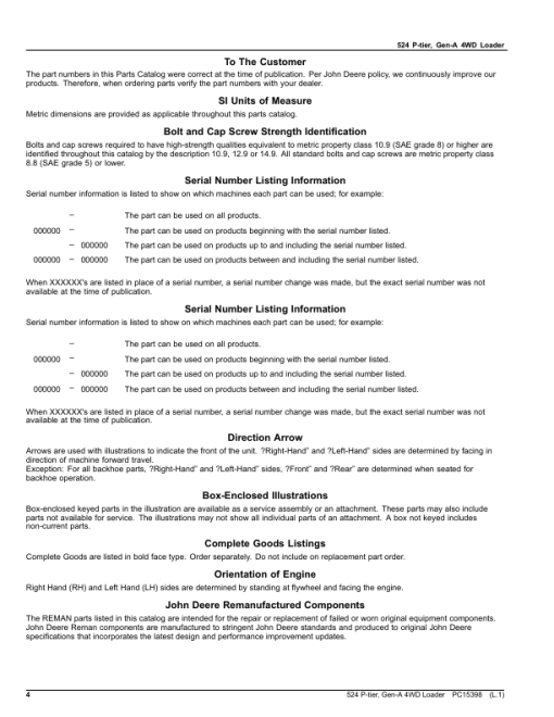 John Deere 524 P-TIER Loaders (SN 1DW524PA_ _ L_10283-) Parts Catalog Manual - PC15398 - Image 4