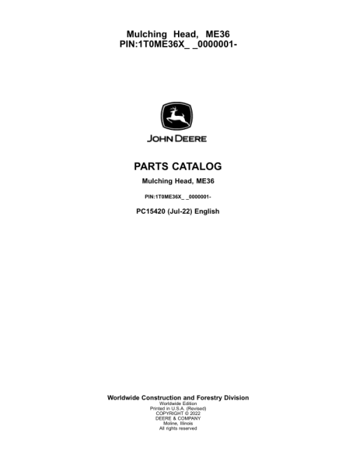 John Deere ME36 Mulching Head (SN 1T0ME36X_ _0000001-) Parts Catalog Manual - PC15420