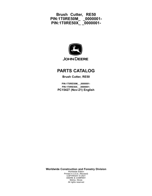 John Deere RE50 Brush Cutter (SN 0000001- & 0000001-) Parts Catalog Manual - PC15427