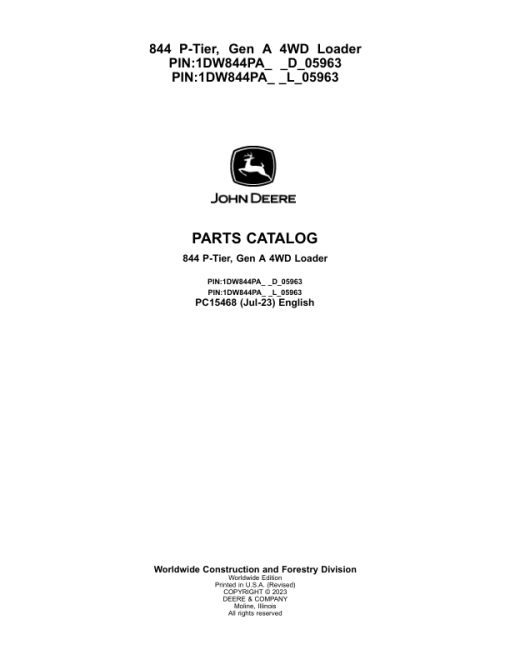 John Deere 844 P Loaders (SN D_05963- & L_05963-) Parts Catalog Manual - PC15468