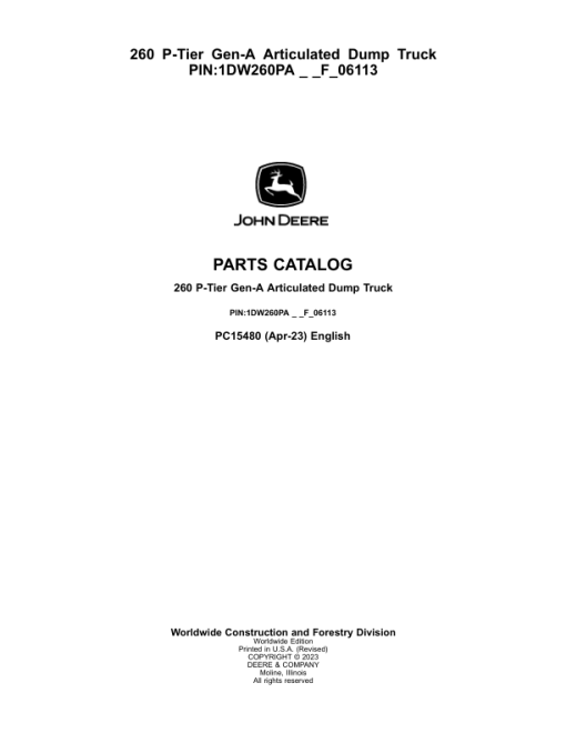 John Deere 260 P Articulated Dump Trucks (SN 1DW260PA _ _F_06113) Parts Catalog Manual - PC15480