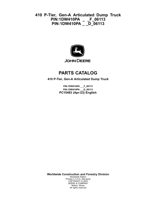 John Deere 410 P Articulated Dump Trucks (SN F_00001- & D_00001-) Parts Catalog Manual - PC15483