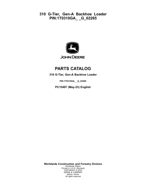 John Deere 310 G Backhoe Loaders (SN 1T0310GA_ _G_02265-) Parts Catalog Manual - PC15497