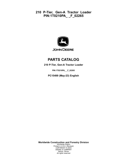 John Deere 210 P Backhoe Loaders (SN 1T0210PA_ _F_02265-) Parts Catalog Manual - PC15499