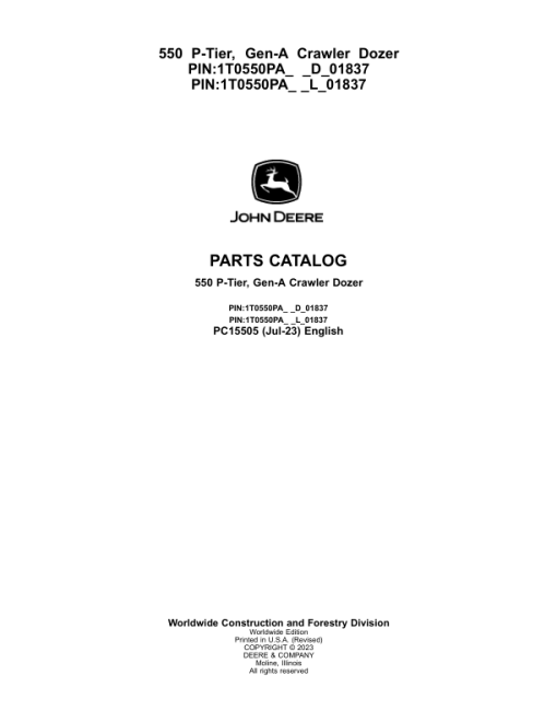 John Deere 550 P Crawler Dozers (SN D_018371- & M_01837-) Parts Catalog Manual - PC15505