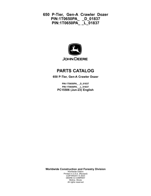 John Deere 650 P Crawler Dozers (SN D_018371- & L_01837-) Parts Catalog Manual - PC15506