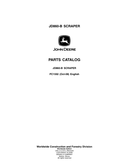 John Deere 860B Scrapers Parts Catalog Manual - PC1592