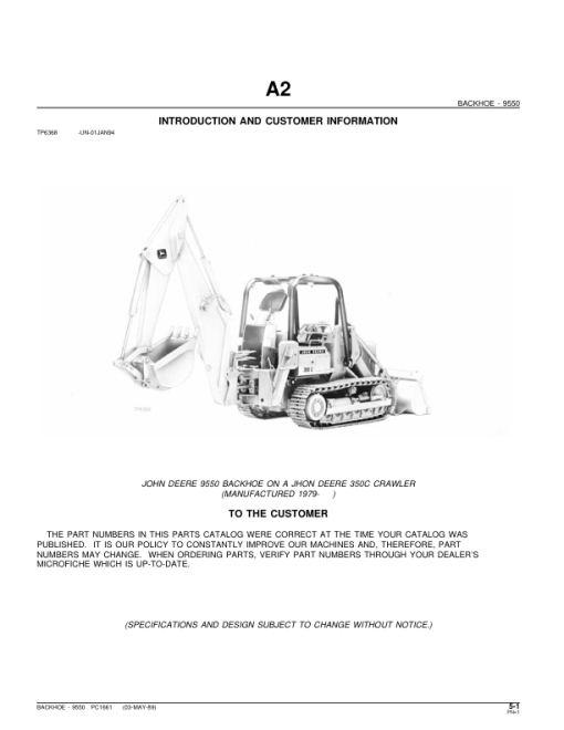 John Deere 9550 Attachments (SN 9550 BACKHOE ON A JD 350C TRACTOR (YR 1979-) Parts Catalog Manual - PC1661