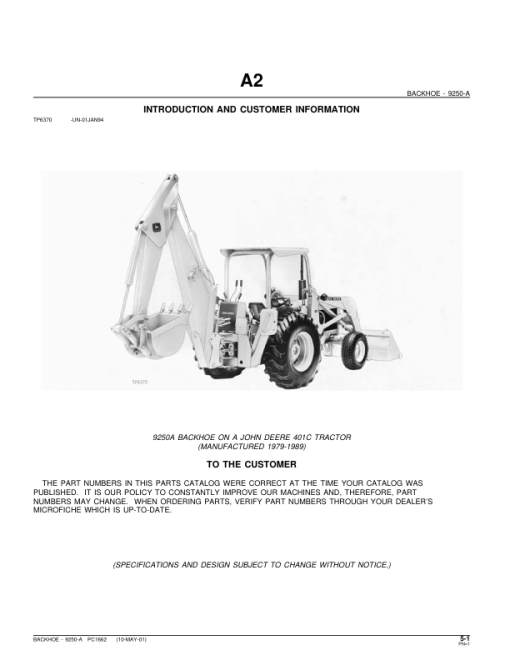 John Deere 9250A Attachments (SN 9250A BACKHOE ON A JD 401C TRACTOR (YR 1979-1989) Parts Catalog Manual - PC1662