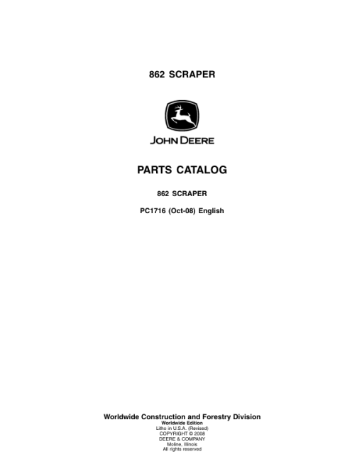 John Deere 862 Scrapers Parts Catalog Manual - PC1716