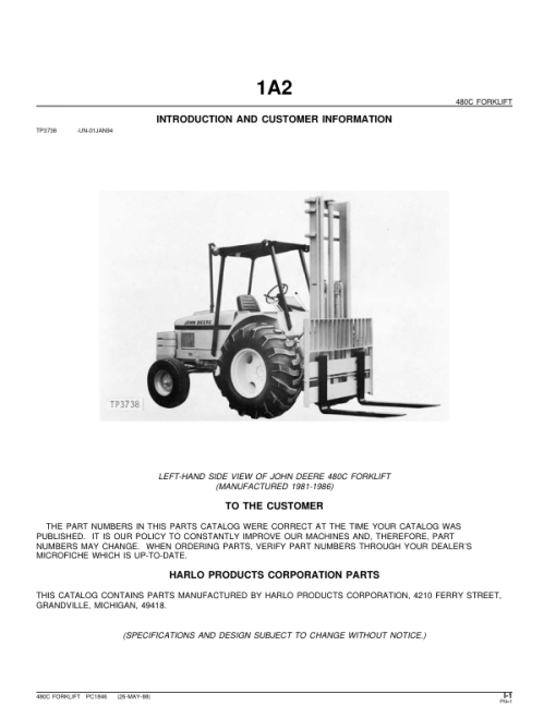 John Deere 480C Forklifts Parts Catalog Manual - PC1846