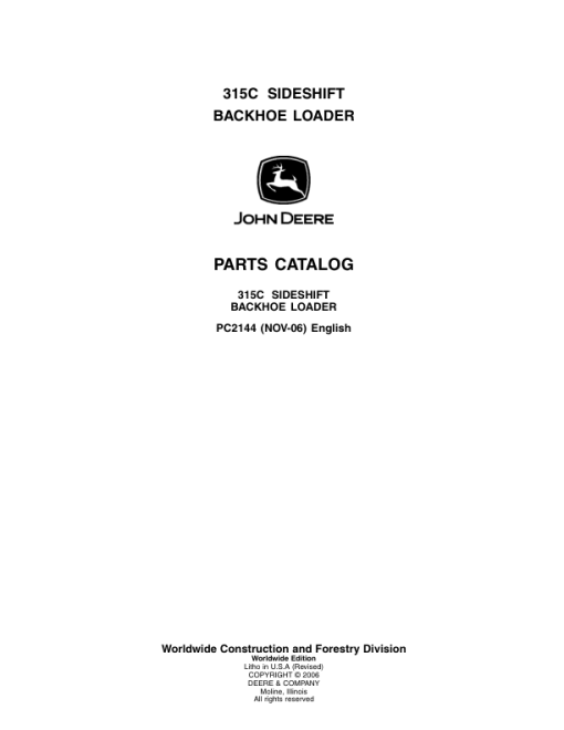 John Deere 315C Backhoes Parts Catalog Manual - PC2144