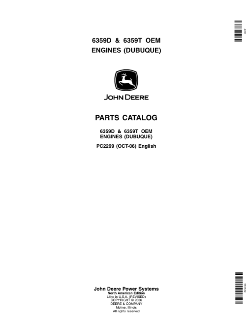 John Deere 6359, 6359D, 6359T Engines Parts Catalog Manual - PC2299