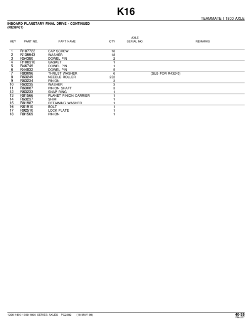 John Deere 1200, 1400, 1600, 1800 Axles Parts Catalog Manual - PC2382 - Image 4