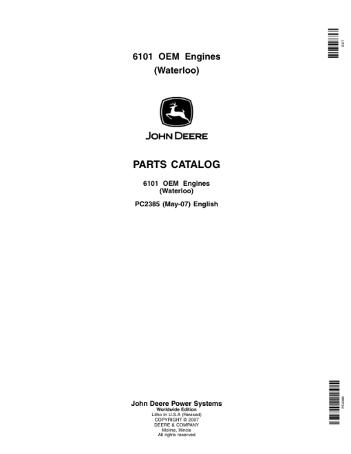 John Deere 6101, 6101AF010, 6101HF010 Engines Parts Catalog Manual - PC2385