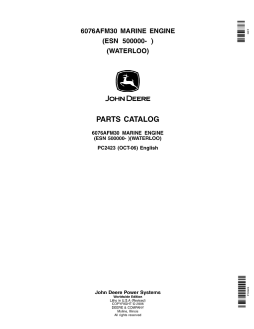 John Deere 6076AFM30 Marine Engines (SN S.N. after 500000-) Parts Catalog Manual - PC2423