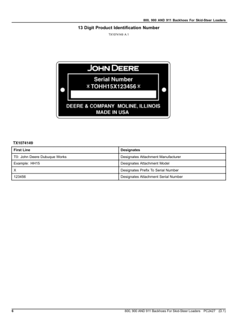 John Deere 800, PRO900, PRO911 Backhoes Attachments (SN 010001 – 025000) Parts Catalog Manual - PC2427 - Image 4