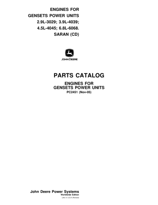 John Deere Engines for Gensets Power Units Engines Parts Catalog Manual - PC2451