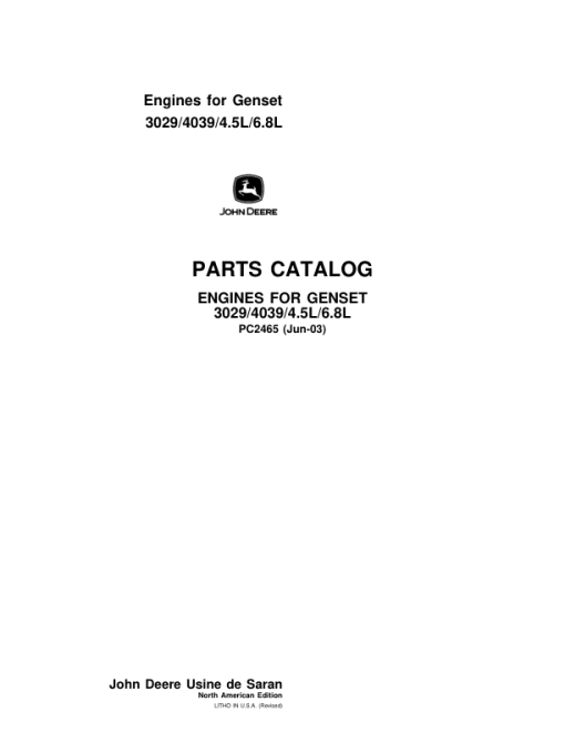 John Deere 3029, 4039, 4.5L, 6.8L Engines Parts Catalog Manual - PC2465