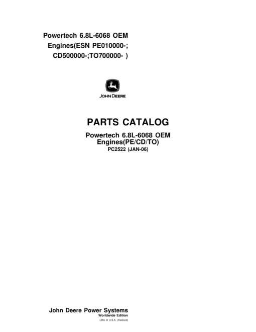 John Deere 6.8L Engines (see description for applicable model) Parts Catalog Manual - PC2522