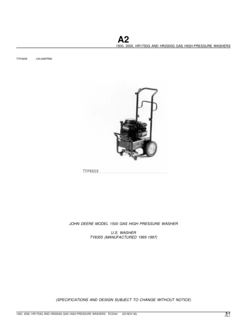 John Deere 1500, 2000, HR1750G, HR2000G GAS High-Pressure Washers Parts Catalog Manual - PC2544