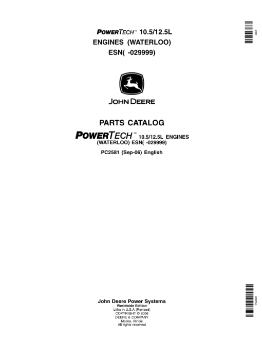 John Deere 10.5L, 12.5L Engines (SN –029999) Parts Catalog Manual - PC2581