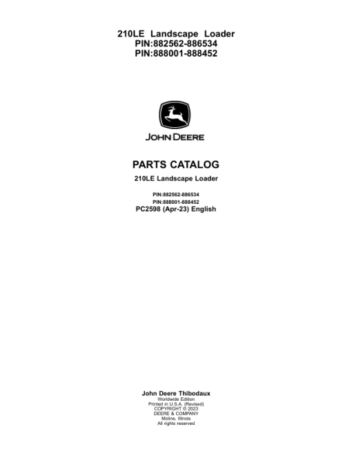 John Deere 210LE Landscape Loaders Parts Catalog Manual - PC2598