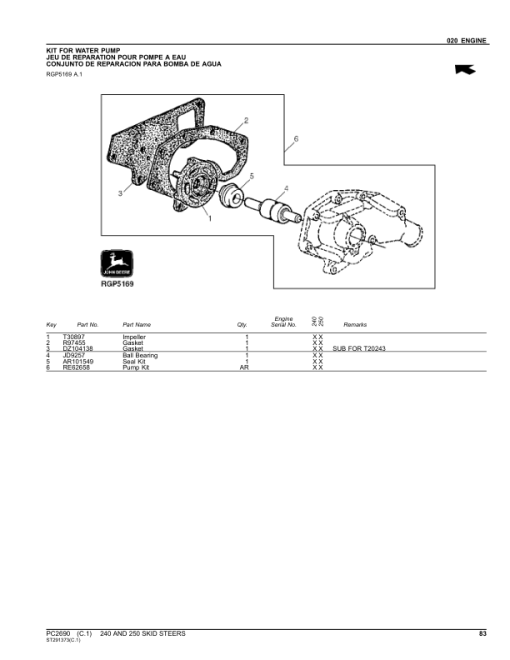 John Deere 240, 250 Skid Steers Parts Catalog Manual - PC2690 - Image 4