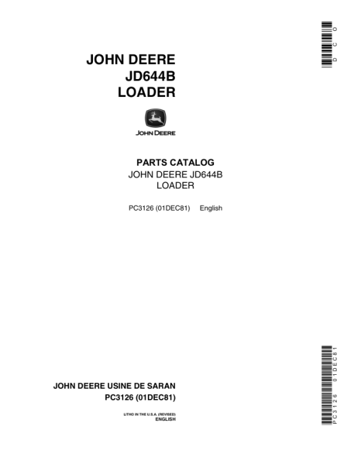 John Deere 644B Loaders (European Version) Parts Catalog Manual - PC3126