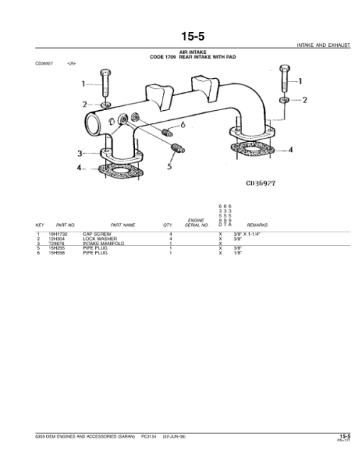 John Deere 6359 Engines Parts Catalog Manual - PC3154 - Image 2