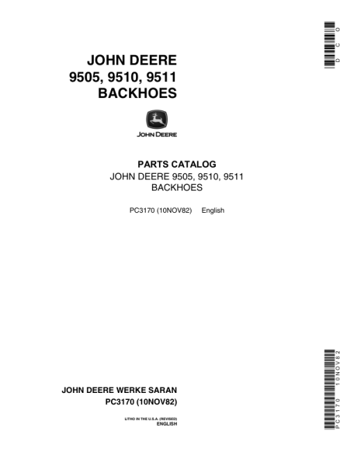 John Deere 9505, 9510, 9511 Backhoe Attachments Parts Catalog Manual - PC3170