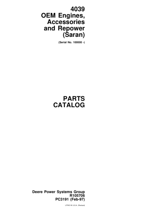 John Deere 4039 Engines (SN after 100000–) Parts Catalog Manual - PC3191