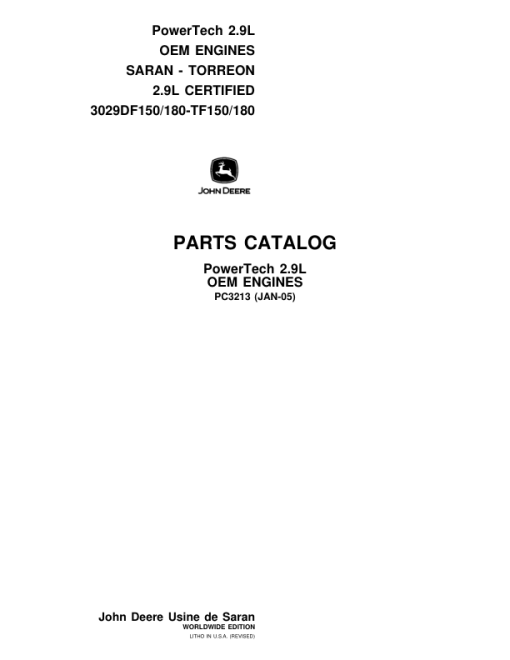 John Deere 2.9L Engines Parts Catalog Manual - PC3213