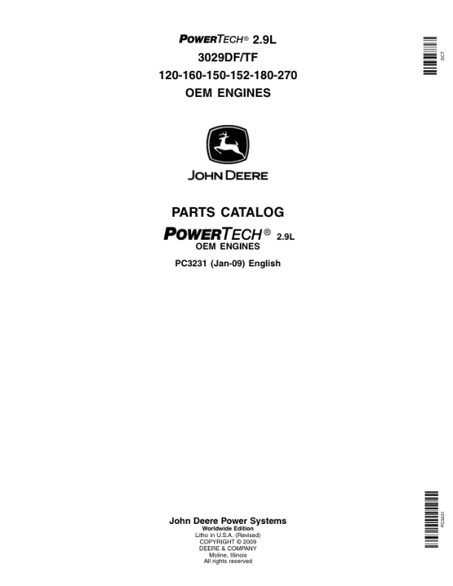 John Deere 2.9L, 3029 TF & DF Engines Parts Catalog Manual - PC3231