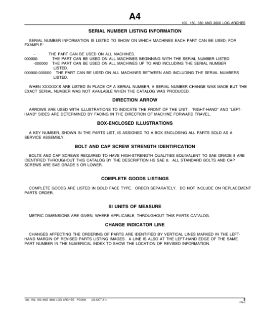John Deere 100, 150, 350, 3600 Log Arches Attachments Parts Catalog Manual - PC591 - Image 3