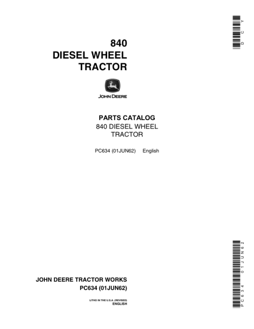 John Deere 840 Tractors Parts Catalog Manual - PC634