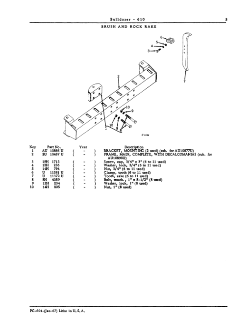 John Deere 610 Attachments (JD 610 Bulldozer & JD 1010 Crawlers Tractors) Parts Catalog Manual - PC694 - Image 2