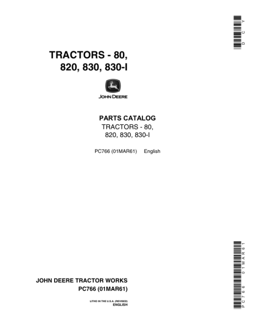 John Deere 80, 820, 830, 830-I Tractors Parts Catalog Manual - PC766