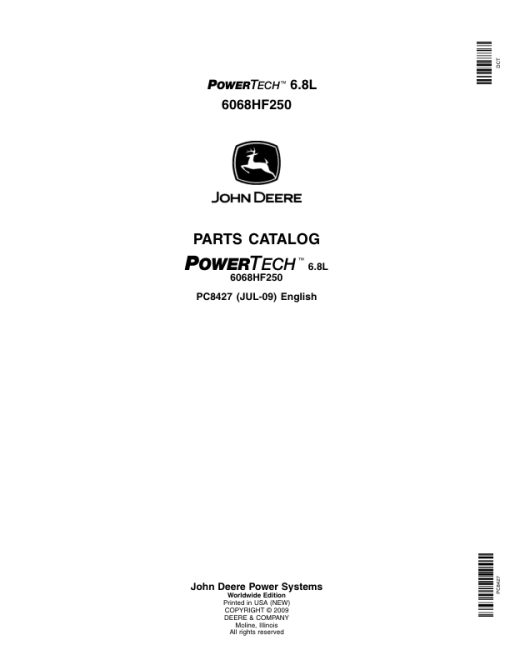 John Deere 6.8L, 6068HF250 Engines Parts Catalog Manual - PC8427