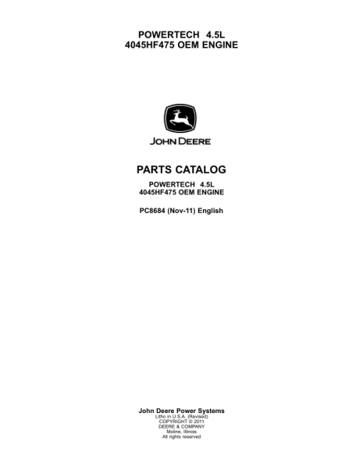 John Deere 4.5L, 4045HF475 Engines Parts Catalog Manual - PC8684