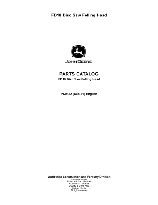 John Deere FD18 Felling Heads Parts Catalog Manual - PC9122