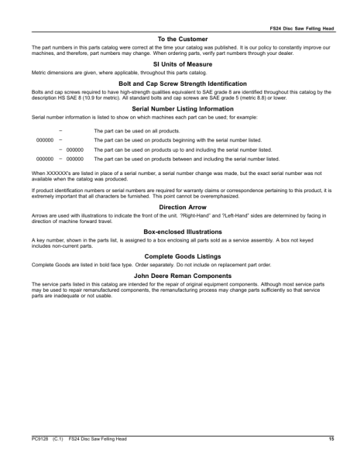 John Deere FS24 Stt Disc Saw Felling Heads Parts Catalog Manual - PC9128 - Image 2