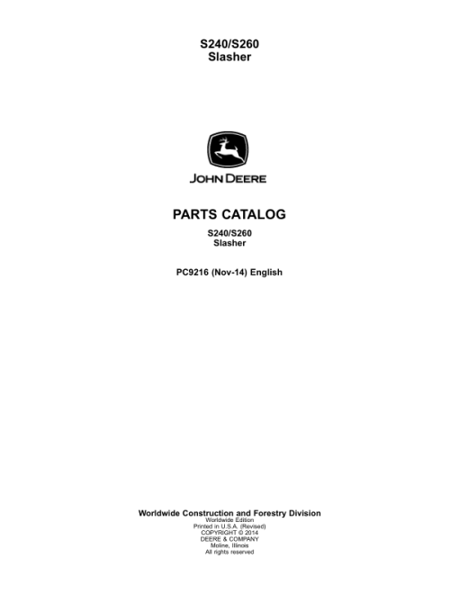 John Deere S240, S260 Slasher Attachments Parts Catalog Manual - PC9216