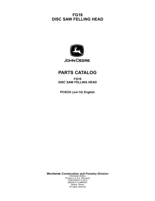 John Deere FG18 Felling Heads Parts Catalog Manual - PC9235