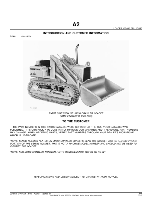 John Deere 350 Attachments (350 Crawler Loader Attachment Only (YR 1965-1970) Parts Catalog Manual - PC926