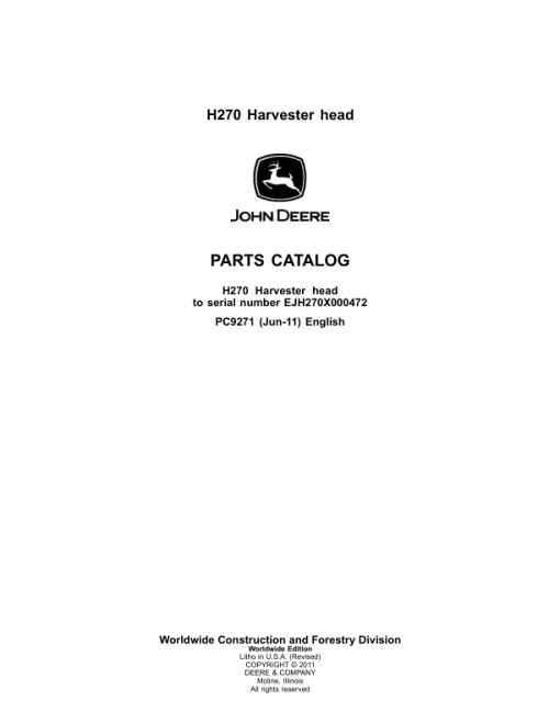 John Deere H270 Harvesting Heads (SN EJH270X000472) Parts Catalog Manual - PC9271