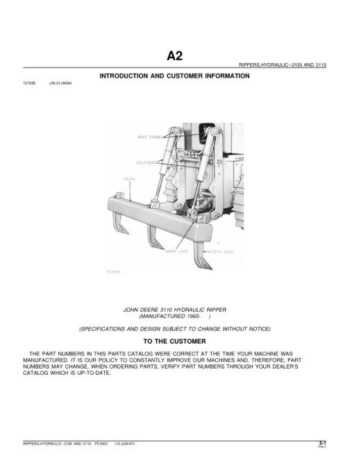 John Deere 3100, 3110 Attachments (John Deere Hydraulic Ripper YR 1965 –) Parts Catalog Manual - PC931